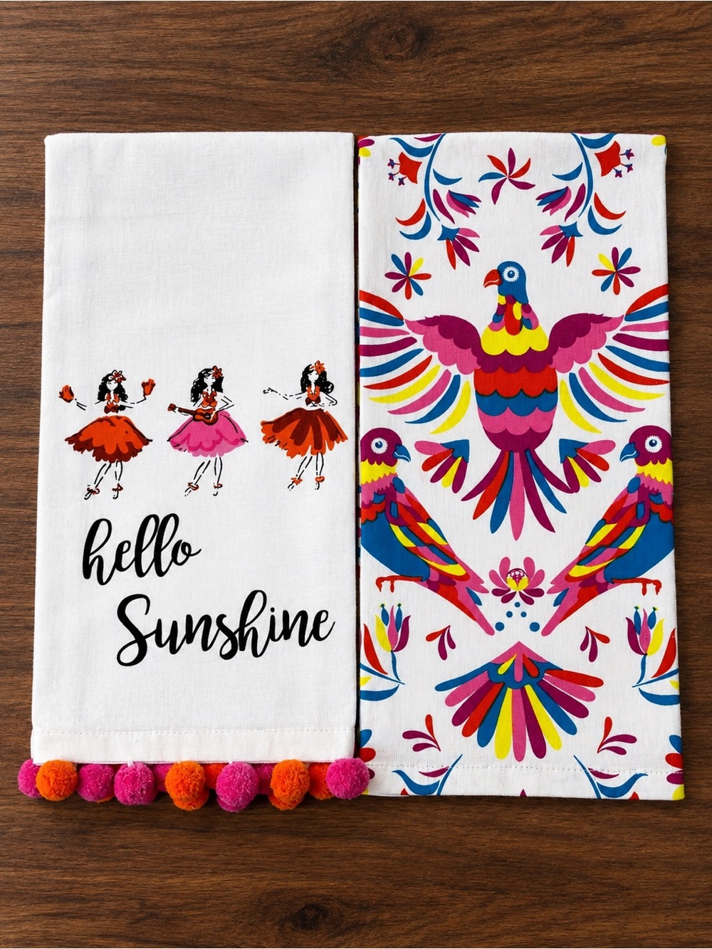 2 - Charming Charlie Kitchen Towels Tropical Birds Hula Hello Sunshine Pom Poms